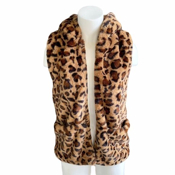 Love Tree Faux Fur Hooded‎ Leopard Print Vest SZ S - Picture 1 of 4